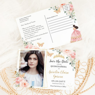 Cartão Postal De Anúncio Quinceanera Dourada Floral Rosa Esbranquiçada Salv