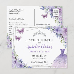 Cartão Postal De Anúncio Quinceanera Floral Purple Lilac Doce Dezesseis Pou