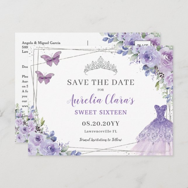 Cartão Postal De Anúncio Quinceanera Floral Purple Lilac Doce Dezesseis Pou (Frente/Verso)