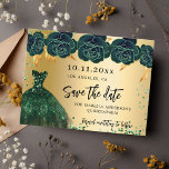 Cartão Postal De Anúncio Quinceanera green gold dress florals salvam a data<br><div class="desc">Uma garota e moda Salve o cartão de data para uma Quinceañera, 15 festa de aniversário. Um rosa verde decorado em fundo, brilhos e um vestido verde. Personalize e adicione uma data e nome/idade. O texto: Salvar a Data é gravado com um script de estilo com letra de tendência grande....</div>
