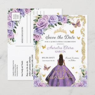 Cartão Postal De Anúncio Quinceañera Lilás Roxo Rosa Floral Dourado Princes