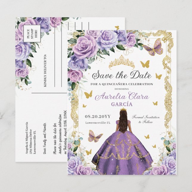 Cartão Postal De Anúncio Quinceañera Lilás Roxo Rosa Floral Dourado Princes (Frente/Verso)