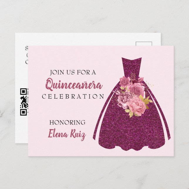Cartão Postal De Anúncio Quinceañera moderna Glitter Glitter Código QR Conv (Frente/Verso)
