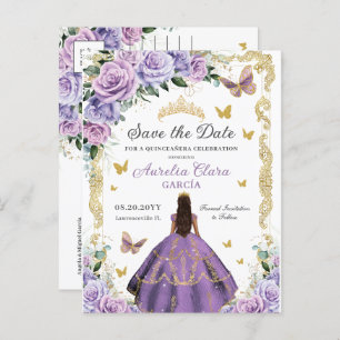 Cartão Postal De Anúncio Quinceañera Purple Rosa Floral Dourada Princesa