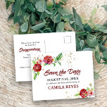 Cartão Postal De Anúncio Quinceanera Salve a Data Rosa vermelha Watercolor<br><div class="desc">Bonita Quinceanera Salve os Cartões-postais com Rosas vermelhas e um traço de Confetti Dourado. Este design floral de aquarela tem rosas antigos em tons de vermelho e rosa, para salvar os detalhes da data de sua Quinceanera em ambos os lados. O modelo está pronto para personalizar o cartão postal com...</div>