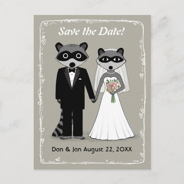 Cartão Postal De Anúncio Raccoons Wedding Date (Cinza quente) (Frente)