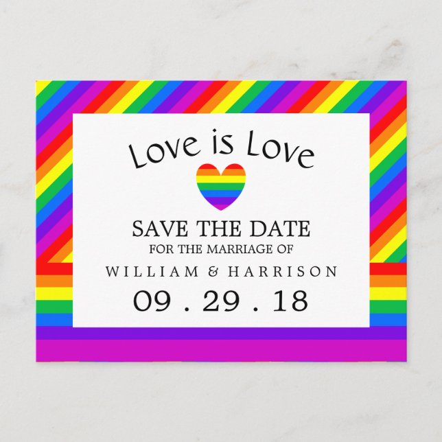Cartão Postal De Anúncio Rainbow Heart Love is Love Weding The Date (Frente)