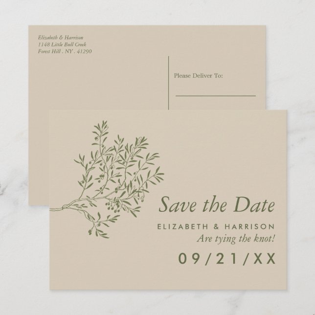 Cartão Postal De Anúncio Ramo de Oliveira, Casamento Rústico Salve o Dia (Frente/Verso)