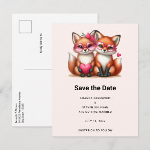 Cartão Postal De Anúncio Raposas Laranjas Fofas no Casamento de Amor