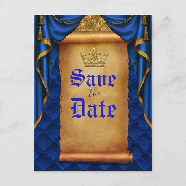 Cartão Postal De Anúncio Real Blue Dourado Drapll Scroll Wedll Data Salvar (Frente)