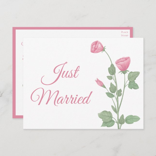 Cartão Postal De Anúncio Recém-Casados Aquarela Casamento Floral Rosa (Frente/Verso)