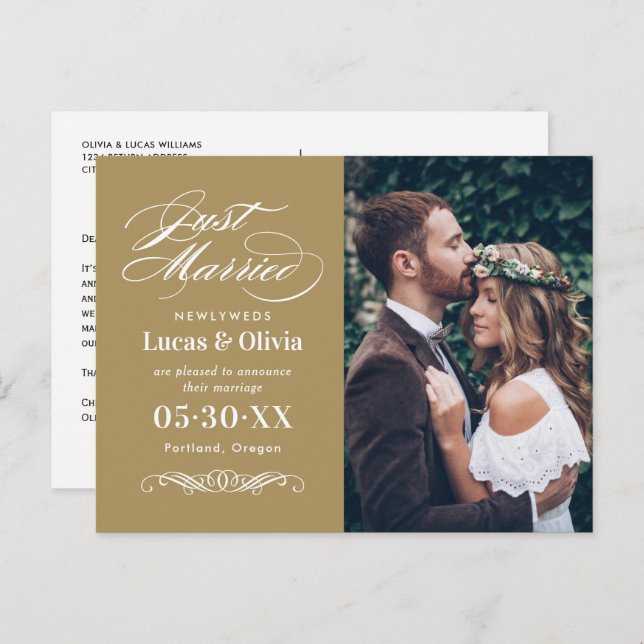 Cartão Postal De Anúncio Recém-Casados Foto de Casamento Antigo Dourado (Frente/Verso)