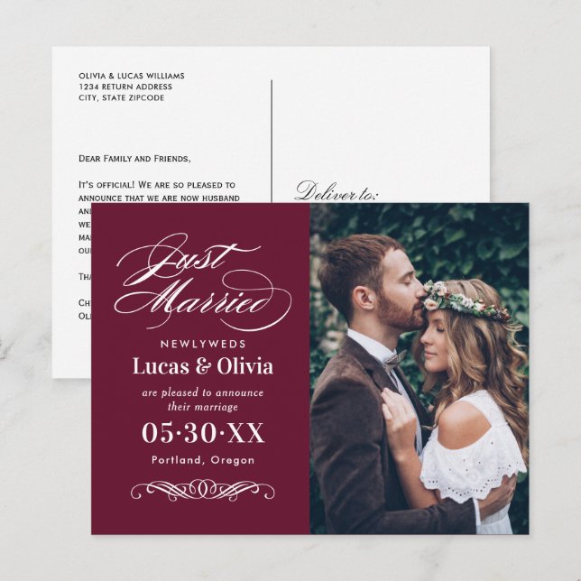 Cartão Postal De Anúncio Recem casados Merlot Red Elegant Foto de Casamento (Frente/Verso)