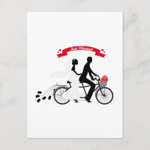 Cartão Postal De Anúncio Recém-casados noivos em bicicleta tandem