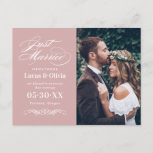 Cartão Postal De Anúncio Recém-Casados Rosa Elegante Foto de Casamento