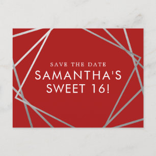 Cartão Postal De Anúncio Red and Silver Modern Sweet 16 Salvar a Data