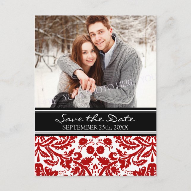 Cartão Postal De Anúncio Red Black Photo Save the Date Wedding Postcards (Frente)