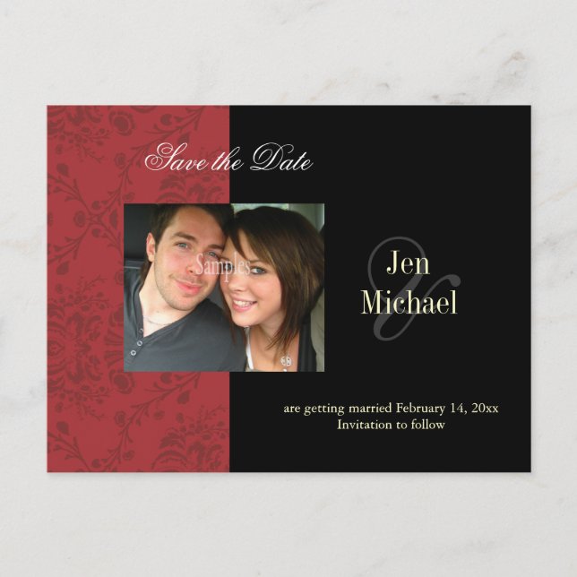 Cartão Postal De Anúncio Red Damask Save the Date Photo postais, (Frente)