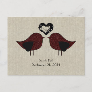 Cartão Postal De Anúncio Red Love Birds Linen Olhe Salve a Data