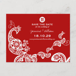 Cartão Postal De Anúncio Red Peacock Dupla Felicidade Chinesa Salvar Data