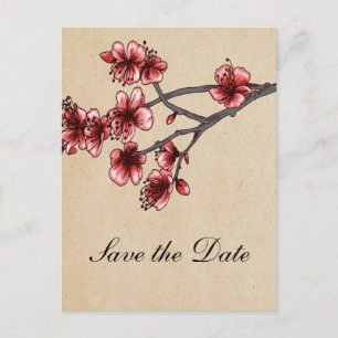 Cartão Postal De Anúncio Red Vintage Cherry Blossoms Salvar a Data