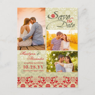 Cartão Postal De Anúncio Red Vintage Damask Lace Photo Save the Date (A Fot