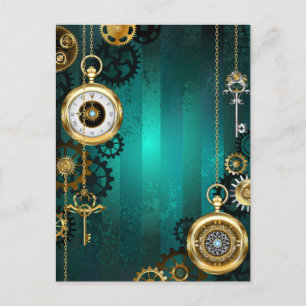 Cartão Postal De Anúncio Relógio de Joia Steampunk em um Fundo Verde