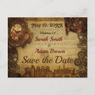 Cartão Postal De Anúncio Relógio de Trem Save the Date Steampunk Vintage co