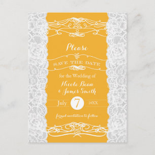 Cartão Postal De Anúncio Renda Amarela e Branca Save the Date de Casamento 