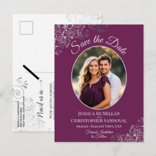 Cartão Postal De Anúncio Renda Prata em Foto de Save the Date de Casamento