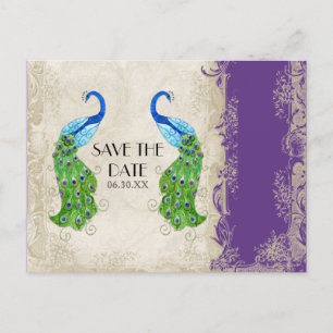 Cartão Postal De Anúncio Renda Vintage Roxo e Creme Estilo Art Déco Pavão