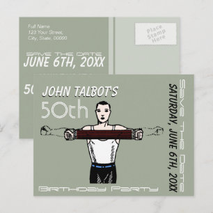 Cartão Postal De Anúncio Retro Bodybuilding 50º aniversário Salve a data