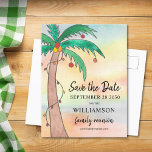 Cartão Postal De Anúncio Reunião da família Salve o Cartão-postal de data<br><div class="desc">Esta Reunião Familiar Guardar o Cartão-Postal de Data apresenta uma palmeira decorada pintada manualmente num fundo de aquarelas. Facilmente personalizável. Original Watercolor © Michele Davies.</div>