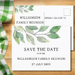 Cartão Postal De Anúncio Reunião Familiar Greenerescência Salvar Data<br><div class="desc">Enviar informações guardadas para a reunião da sua família com estes cartões postais na moda. Eles são decorados com uma design de folhagem moderna e minimalista em tons de verde. Facilmente personalizável. A coordenação de convites de reunião e suprimentos de festas também estão disponíveis na minha loja. Use a Ferramenta...</div>