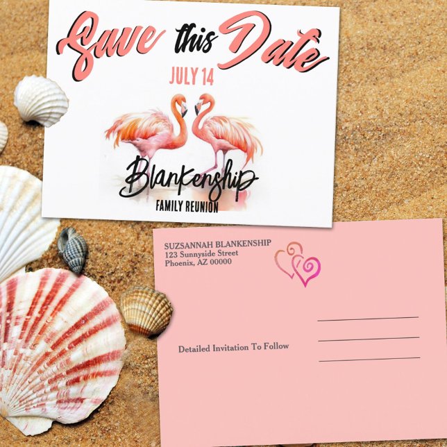 Cartão Postal De Anúncio Reunião Familiar Salvar A Data Flamingos Tropicais (Send out your family reunion announcement early with a double flamingo save the date postcard.)