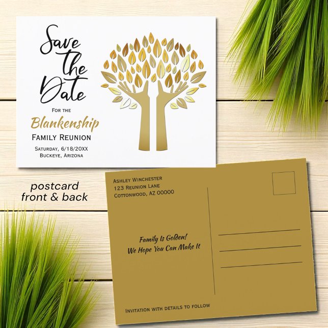 Cartão Postal De Anúncio Reunião Familiar Salve A Data Manda A Árvore Para  (postcard template front and back)