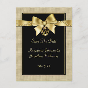 Cartão Postal De Anúncio Ribbon de Pérolas Douradas em Preto Save The Date