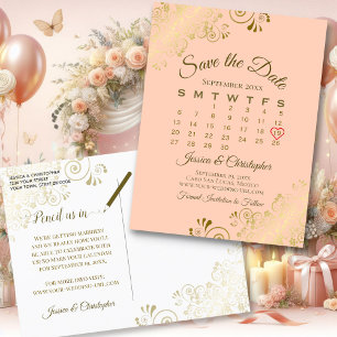 Cartão Postal De Anúncio Rico Dourado e Peach Casamento Salvar o Calendário