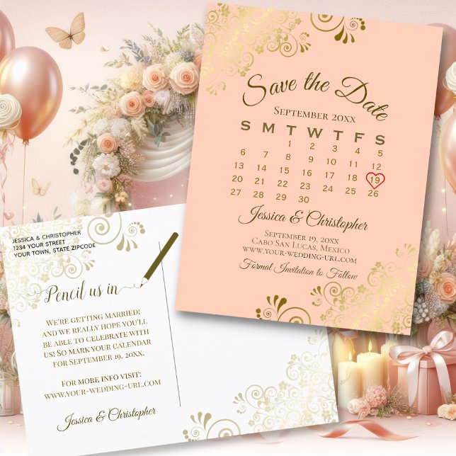 Cartão Postal De Anúncio Rico Dourado e Peach Casamento Salvar o Calendário (Front/Back)