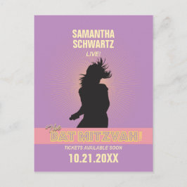Cartão Postal De Anúncio Rock Star Bat Mitzvah salva o rosa púrpura da data