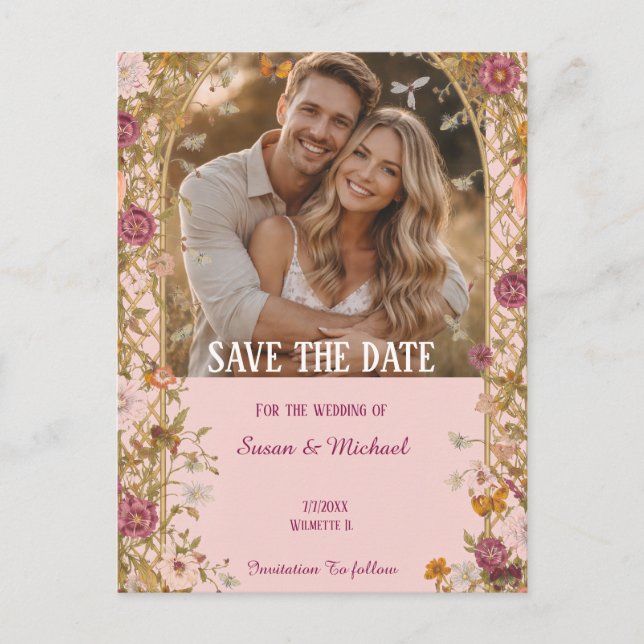 Cartão Postal De Anúncio Romantic Floral Save the Date (Frente)