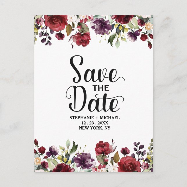 Cartão Postal De Anúncio Romântica Aquarela Borgonha Vermelha Rosa Floral (Frente)