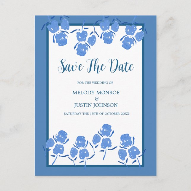 Cartão Postal De Anúncio Romântico Save The Date Floral Azul Poeira (Frente)