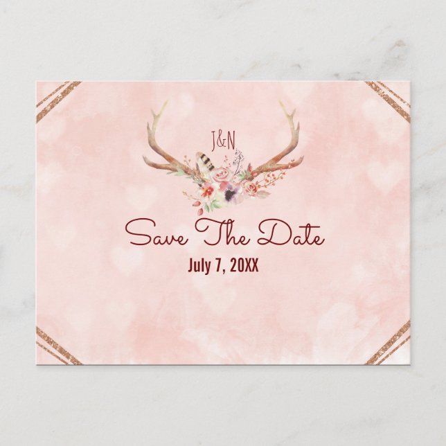 Cartão Postal De Anúncio Rosa Blush Pink Floral Deer Antlers Salvem a Data (Frente)