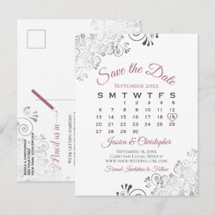 Cartão Postal De Anúncio Rosa Desbotado e Branco Calendário de Salvar a Dat