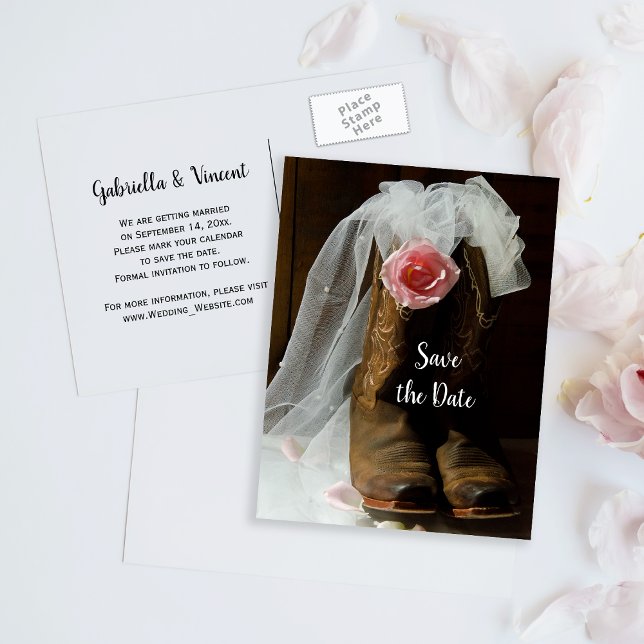 Cartão Postal De Anúncio Rosa do País Boots Casamento Salve a Data (Criador carregado)