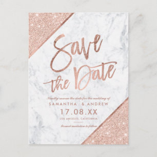 Cartão Postal De Anúncio Rosa dourado brilho escrita mármore salvar a data