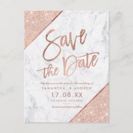 Cartão Postal De Anúncio Rosa dourado brilho script mármore salvar a data