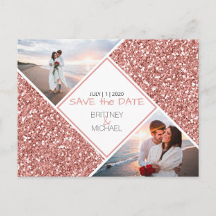 Cartão Postal De Anúncio Rosa Dourado Glitter Photo Save the Date Postcard