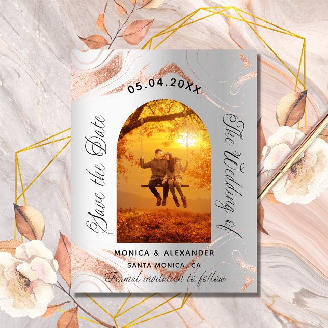 Cartão Postal De Anúncio Rosa dourado prata foto casamento salvar a data (Criador carregado)